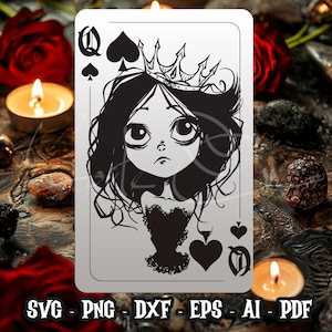 Schoppenvrouw SVG, schattige speelkaart svg en png, speelkaart svg, gotische illustratie, Halloween SVG, digitale bestanden