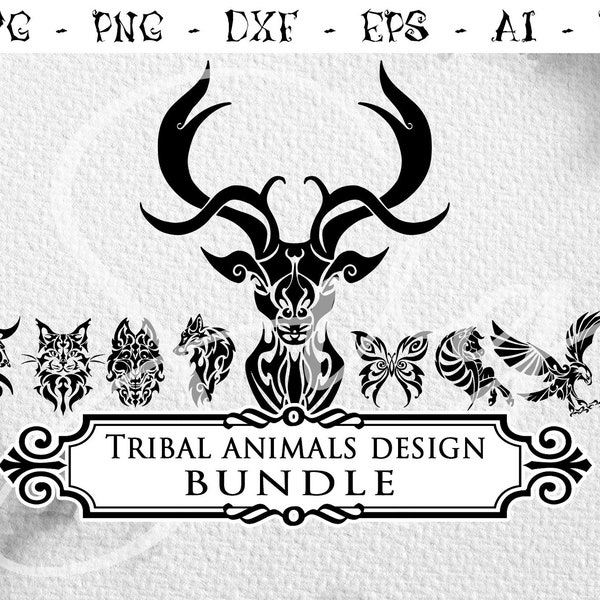 Animaux tribaux svg BUNDLE, Tatouage tribal Silhouette, Tribal Swirl Art svg, Animaux Silhouette svg, téléchargement instantané, Cricut Cut Files