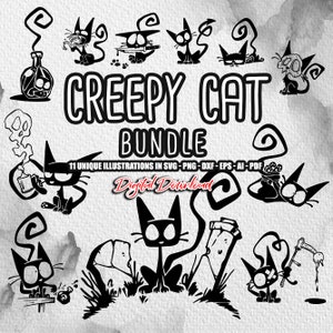 Lot de Creepy Cat SVG, illustration de chat de dessin animé, chat noir svg, SVG de chat d'Halloween, chat mignon, chaton svg, silhouette de chat Kitty, fichiers numériques