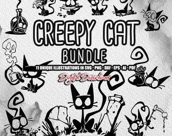 May include: A set of 11 black and white digital illustrations of creepy cats in various poses. The illustrations include cats with hats, holding potions, and with spooky expressions. The text "Creepy Cat Bundle" and "11 Unique Illustrations in SVG - PNG - DXF - EPS - AI - PDF" is included in the image.
