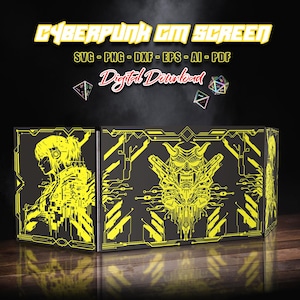 May include: A black and yellow Cyberpunk GM screen with a digital download graphic. The screen features a yellow silhouette of a woman on one panel and a yellow demon with guns on another. The text "CYBERPUNK GM SCREEN" is at the top.