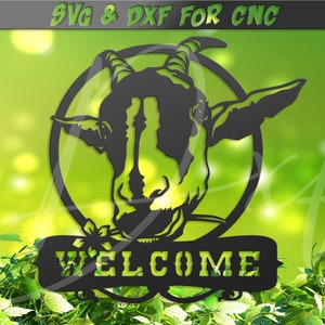 Signo de bienvenida de cabra DXF, ibex svg, macho cabrío, rancho svg, signo de granja png, archivo de corte láser dxf para plasma, vector de vinilo de chorro de agua