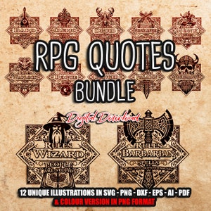 RPG Zitate BUNDLE svg, 12 RPG Class Emblem, W20, RPG-Spiele svg, Pathfinder Gamer, Role Playing Game svg, Cricut und Silhouette Cut Files