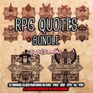 RPG Quotes BUNDLE svg, 12 RPG Class Emblem, D20, jeux rpg svg, Pathfinder Gamer, Jeu de rôle svg, Cricut et Silhouette Cut Files