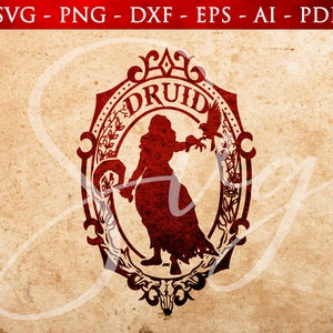May include: Red silhouette of a druid with an owl on a red ornate oval frame with the word "DRUID" in the center.