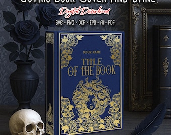May include: A digital download of a gothic book cover and spine design featuring a gold illustration of a woman with snakes for hair on a dark blue background with gold floral accents. The text "TITLE OF THE BOOK" is written in gold lettering.