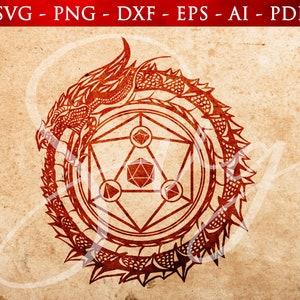 D20 Dragon Magic Circle SVG, eterno retorno, eternidad, dados poliédricos, juegos de rol, juego de rol svg, Cricut y Silhouette Cut Files