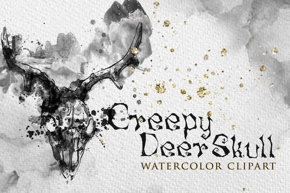 Watercolor Deer Skull Clipart: Gothic Witch PNG (Digital Download)