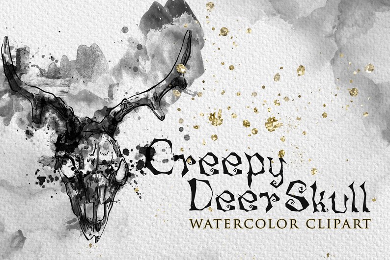 May include: Watercolour clipart of a creepy deer skull with antlers. The skull is black and white with a watercolour background. The text "Creepy Deer Skull" is written in black below the skull.