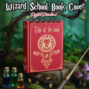 Wizard school Book Cover and Spine SVG, Lion Wizard banners, Bookbinding, Vinyl Book Cover, Bookish Merch, Book Lover gift, digital files