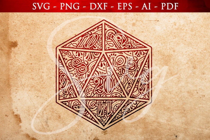 Puede incluir: Un dado rojo y blanco de 20 caras con intrincados patrones y n&uacute;meros en cada cara. El dado es una herramienta com&uacute;n utilizada en juegos de rol de mesa.