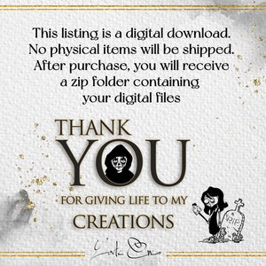 May include: A digital download thank you card with a black and white illustration of a hooded figure and a person holding a shovel next to a tombstone. The text reads "Thank You for giving life to my creations".