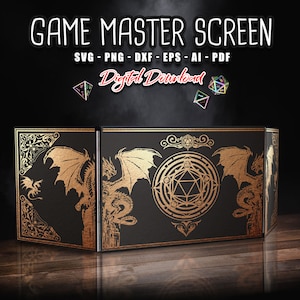DM Screen SVG 3 paneles Diseño Dragon, Table Top Gaming pantalla svg, juegos rpg svg, Regalo Game Master, Pantalla para tablero, Descarga instantánea