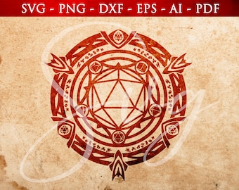 May include: A red and white geometric design with a large, red, 20-sided die in the center. The design is surrounded by a circle of smaller, red, 4-sided dice.