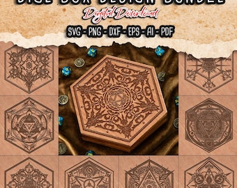 Puede incluir: Una caja de dados de madera con intrincados diseños grabados, rodeada de dados y monedas. La caja es hexagonal y presenta un emblema central detallado. La imagen también incluye varias plantillas de diseño hexagonal. El texto en la imagen dice "DICE BOX DESIGN BUNDLE" y "Digital Download".