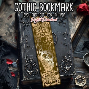 Marcador gótico SVG, marcador de amantes de los esqueletos SVG, marcador de bruja, marcadores espeluznantes, artículos de libros, regalo para amantes de los libros, archivos digitales