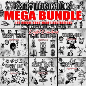 Creepy illustrations MEGA BUNDLE svg, cartoon illustration, scary character, dark svg, mystic, witch, witchcraft Halloween SVG digital files