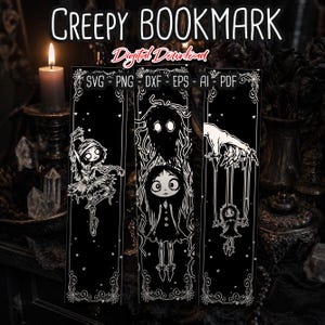 Può includere: Segnalibri neri con illustrazioni bianche di personaggi spettrali. I segnalibri hanno un bordo decorativo e il testo "CREEPY BOOKMARK" e "Digital Download" in alto. I segnalibri sono in formato SVG, PNG, DXF, EPS e AI PDF.