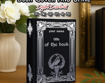 May include: A black book cover and spine template with a silver ornate design. The cover features a bird in a wreath, the text "your name", "title", and "of the book".