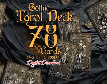 May include: A digital download of a 78-card Gothic Tarot deck. The cards feature intricate black and white illustrations with a dark and mysterious aesthetic. The text "Gothic Tarot Deck 78 Cards" is displayed in a bold, stylized font.