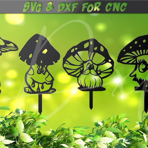 Champignons mignons enjeux svg, dxf champignons magiques, champignon mystique, fichier DXF 4 signes pour plasma, laser, vecteur vinyle jet d’eau