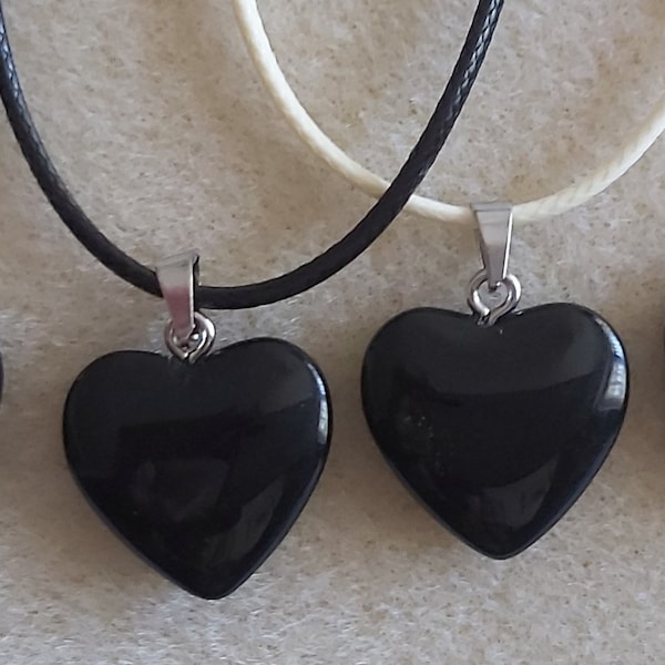 Black Obsidian heart pendant with 18" black or beige cord chain with 2" extension