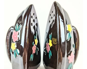 Vintage Ceramic Glazed Salt & Pepper Shakers Set Brown Clothes Iron with Flowers