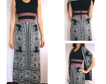Vintage Bernardo Womens Sz M? 60-70s Long Maxi Dress Art Deco Geometric W/ Scarf