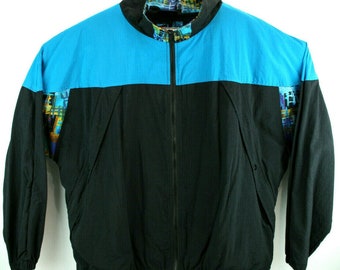 Vintage Tower Bay Mens Sz 2XL Windbreaker Black w/ Multi accents 100% Nylon