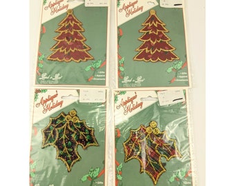 Land O Lace Applique Holiday Christmas Craft Holiday Lot of 4 Holly & Trees Nos