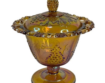 Indiana Glass Candy Dish Marigold Iridescent Harvest Grape Lace Edge Vintage