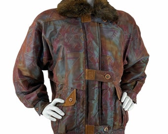 Braefair Coat Womens Sz S Vintage Aztec Retro 90's Leather trim Faux Fur Collar