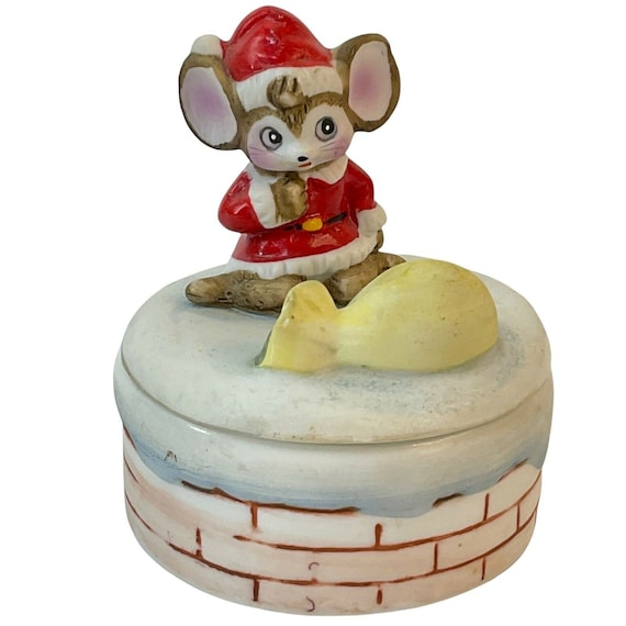Homco Vintage Christmas Trinket Box Santa Mouse & Presents Bag on Chimney 8901