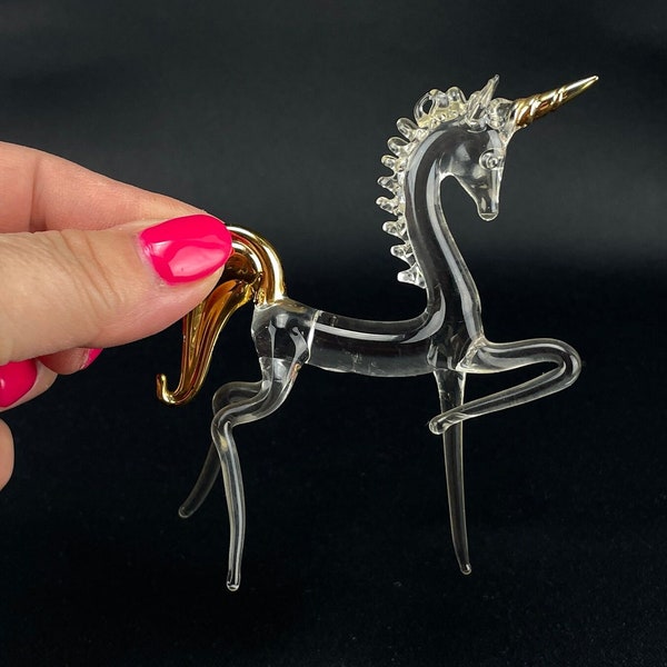 Vintage miniature glass unicorn, hand blown glass unicorn, gold tail and horn, collectible glass unicorn