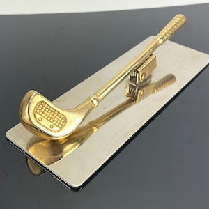 Clip de carta original vintage de los años 80, palo de golf, pisapapeles de latón, portacartas, decoración de oficina de los años 80, regalo para golfistas