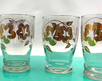 Vintage MCM glass tumblers, Dominion glass, gold flowers glassware, mid century drinkware, nostalgic 1960s gift