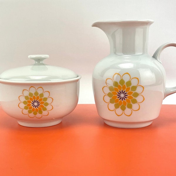 Vintage 70s sugar bowl creamer set, Czecoslovakia ceramic, Alpine medallion floral pattern, orange green,  1970s coffee tea service set