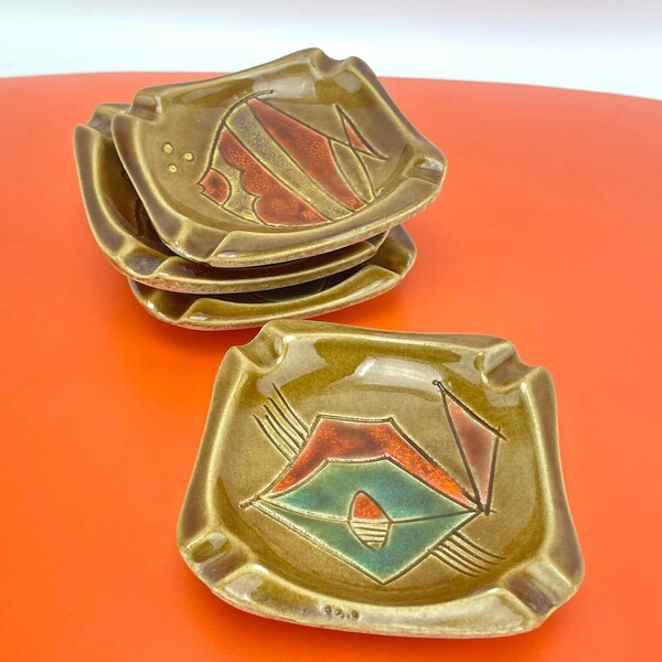 vintage MCM ceramic ashtrays, set of 4 stackable, abstract pattern, fish ashtrays, mid century decor, trinket, incense dishes