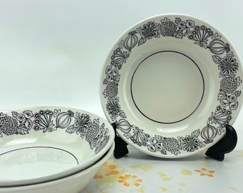 Vintage 70's Grindley Manitou soup bowls, black and white floral, genuine ironstone, 1970s Staffordshire England, set of three