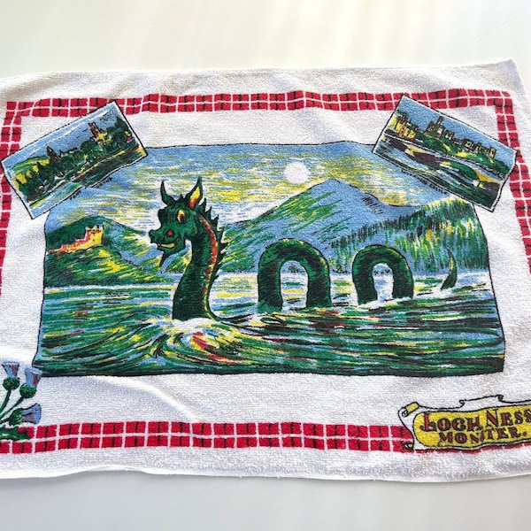 Vintage 70s Loch Ness Monster terry cloth towel, terry cloth dish towel, kitschy Nessie towel, novelty souvenir, retro kitchen decor