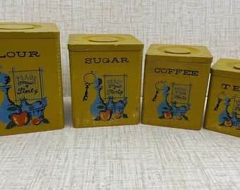 Juego de botes de cocina vintage de los años 50, verde oliva, estampado azul de despensa, madera con ensamblaje de cola de milano, almacenamiento apilable para encimera, harina, azúcar, café y té.