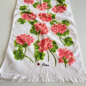 Vintage hand towel, Vera Bradley pink floral towel, kitsch bathroom decor, pink and green flowers, 27" x 15.5" including fringe