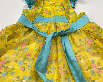 Vintage 1960s full apron, pink blue bright flowers, yellow, blue trim, ruffled sleeves, adult size,  kitchen linen, kitschy housewife look