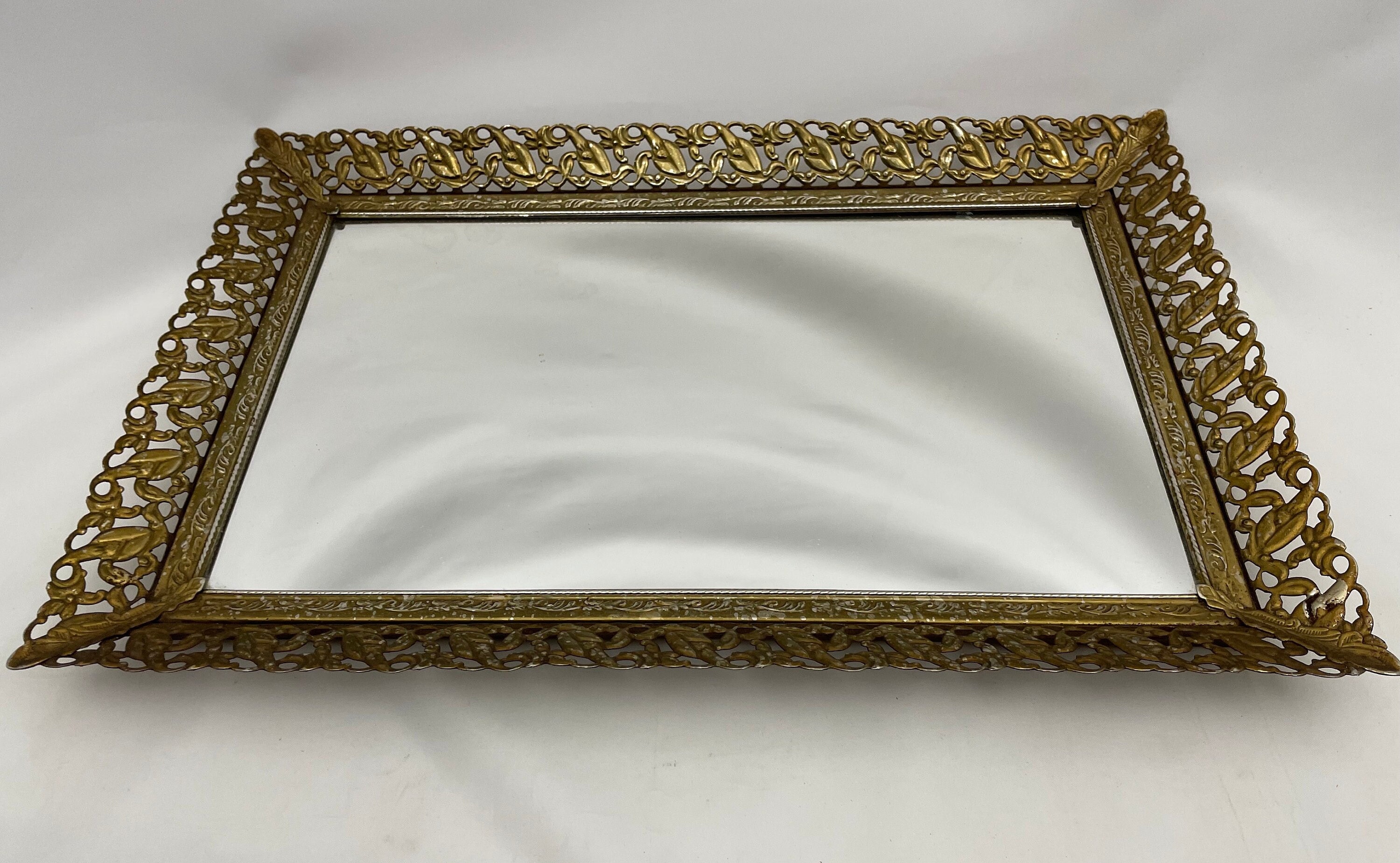 Vintage Rectangle Mirror Tray Filigree Metal Ornate Gold Frame