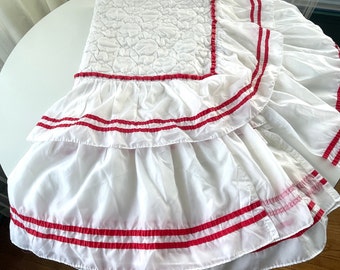 Vintage 1980s ruffled bedspread, white and red satin bedcover, 1980s bedroom, twin size bedding