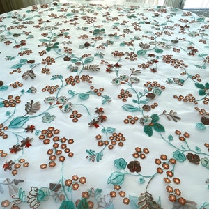 Vintage 1950s curtain, teal, orange floral, sheer single panel, 50s organza-like window treatment, Mid Century decor, 48" wide  x 41" long