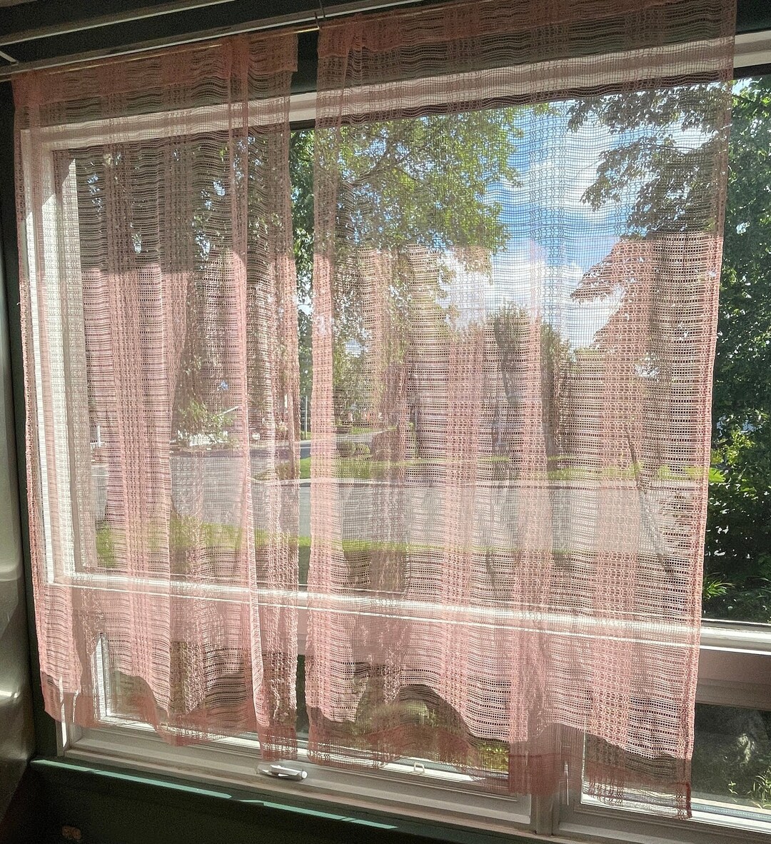 Vintage 1980s Pink Curtain, Sheer Mesh Net Panel, Small Window, Kitchen ...
