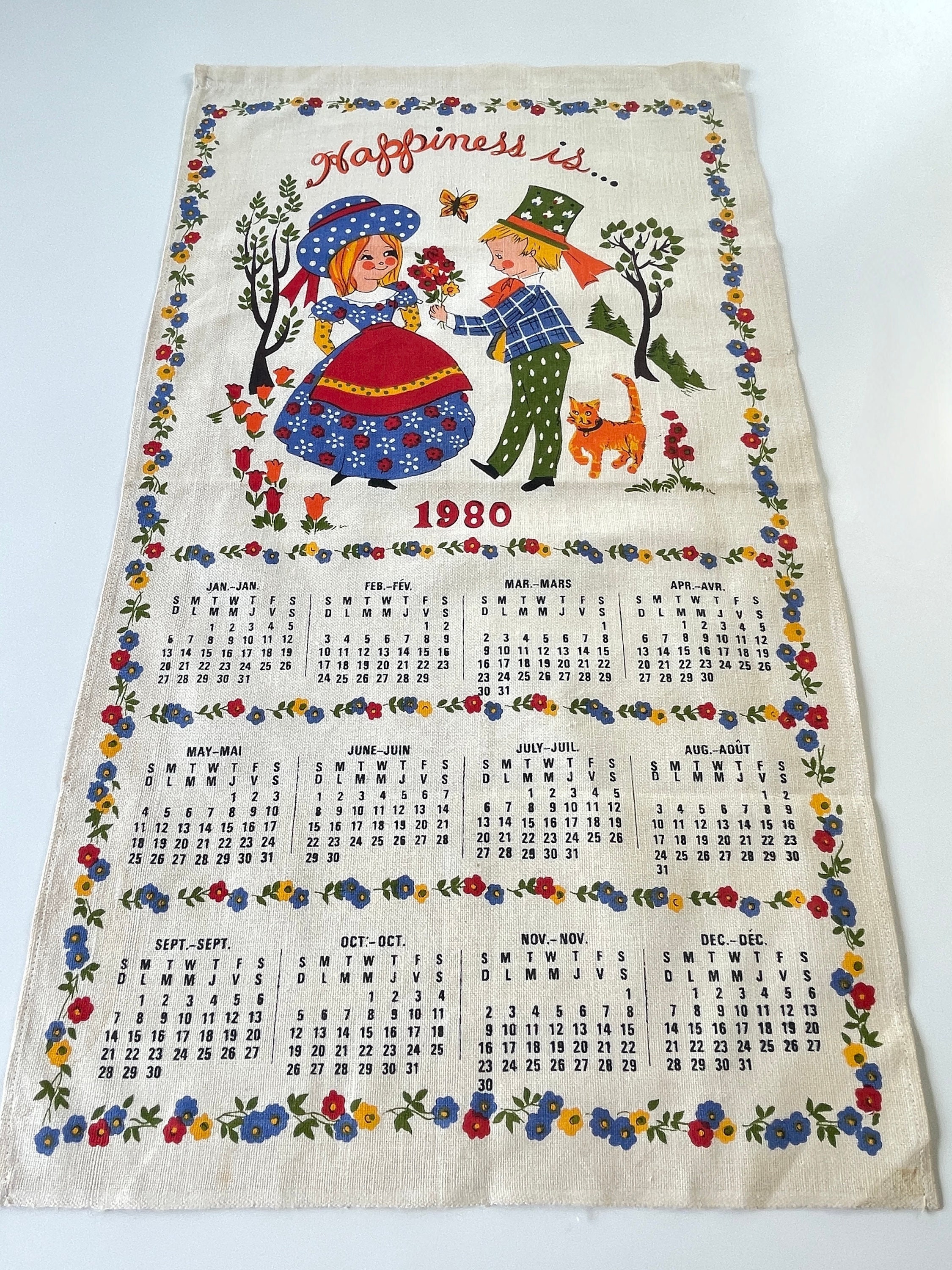 ヴィンテージ1980年カレンダーティータオル、誕生年のギフトディッシュ 