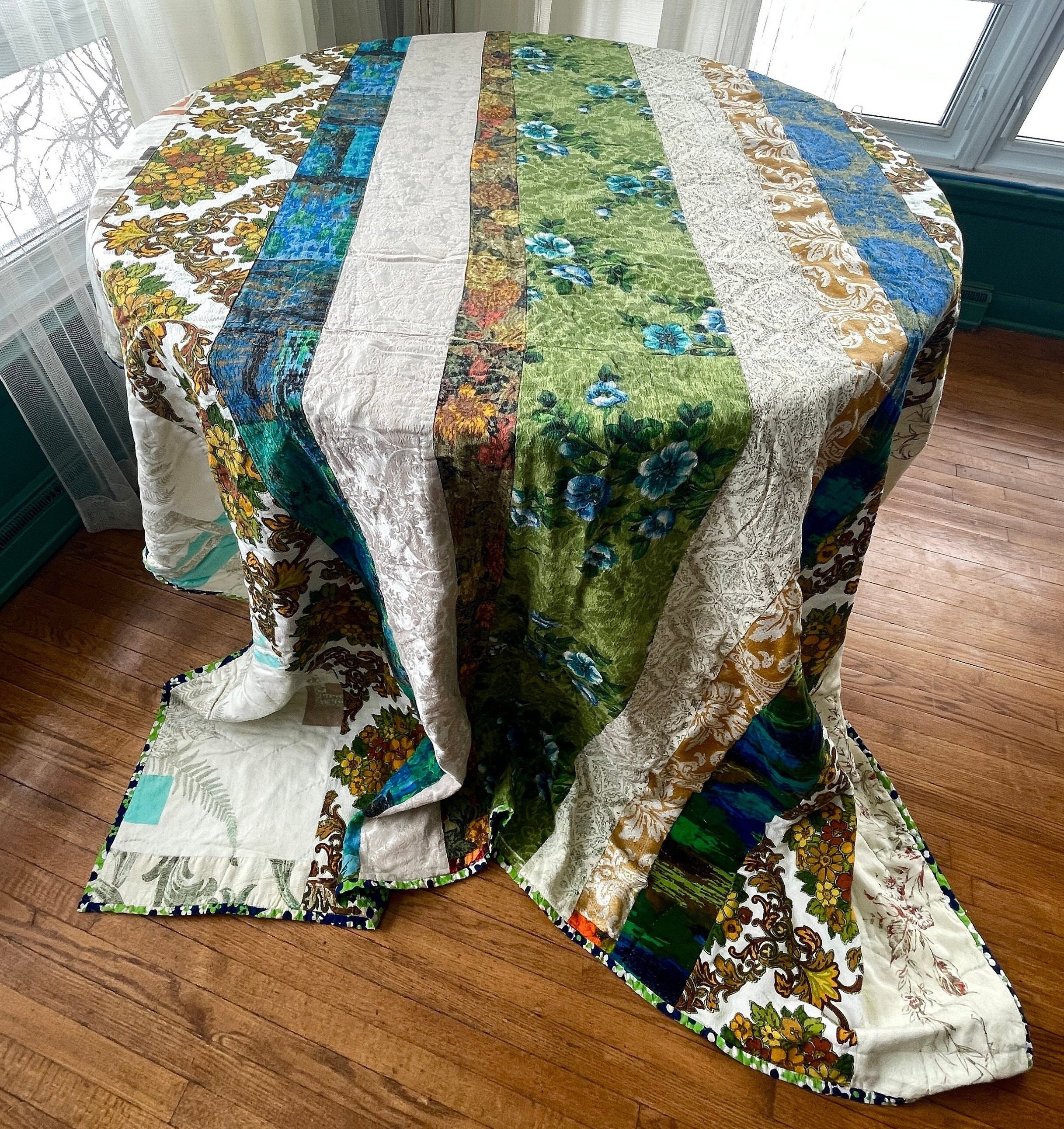 Vintage 70s patchwork quilt, handmade blanket, 1970s hand stitched 