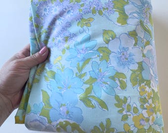 Vintage 1970s fitted sheet, blue purple yellow floral bottom bedsheet, full/double size bed, cottagecore bedding, Sears USA, GenX nostalgia